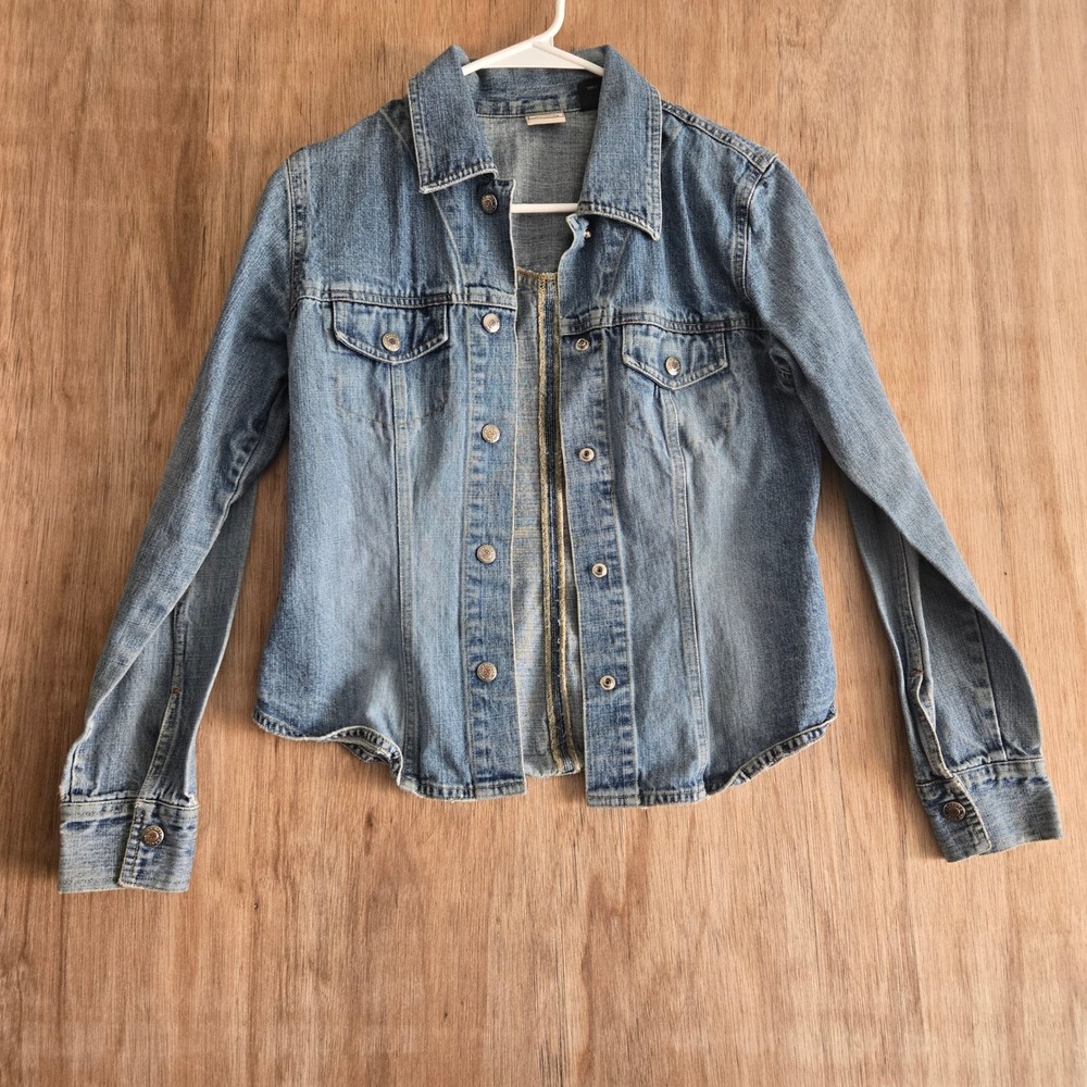 Vintage Y2K Fitted Denim Trucker Jacket Medium Light Wash Cotton Shacket